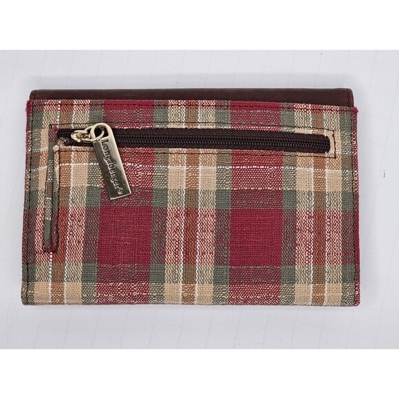 Longaberger Homestead Brown Leather Wallet Red Plaid Flap Snap Closure Tri Fold - Picture 2 of 6